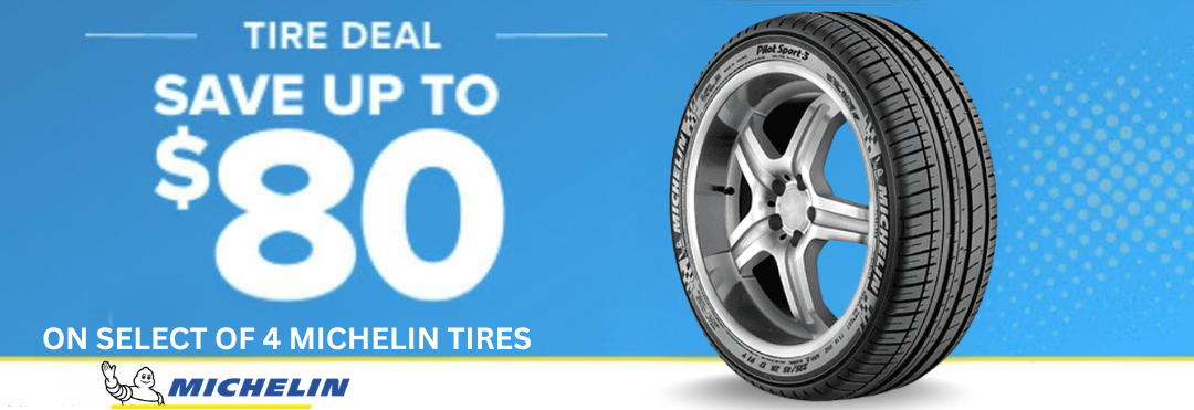 Michelin tire with promotional text on a blue background