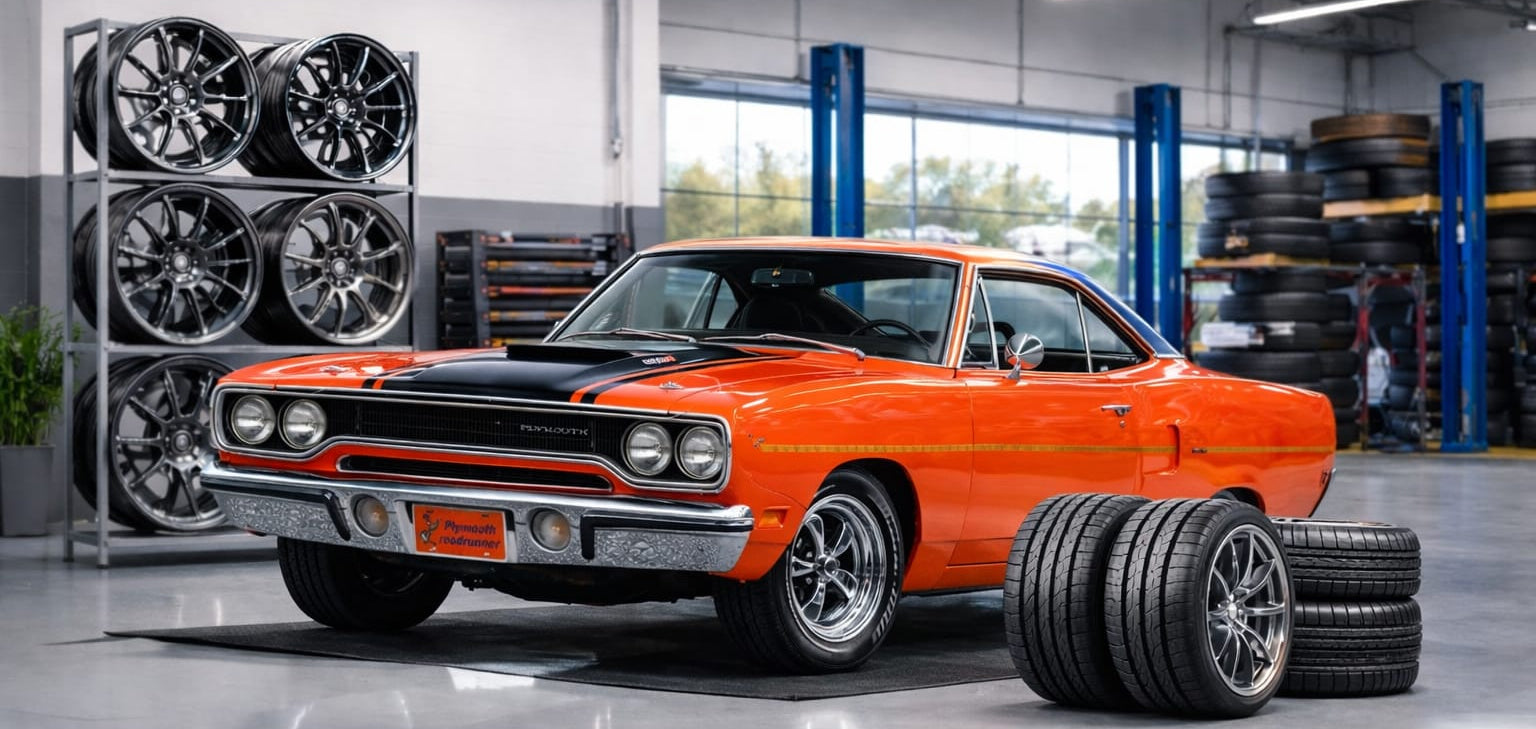 Orange muscle car in a garage with tire display