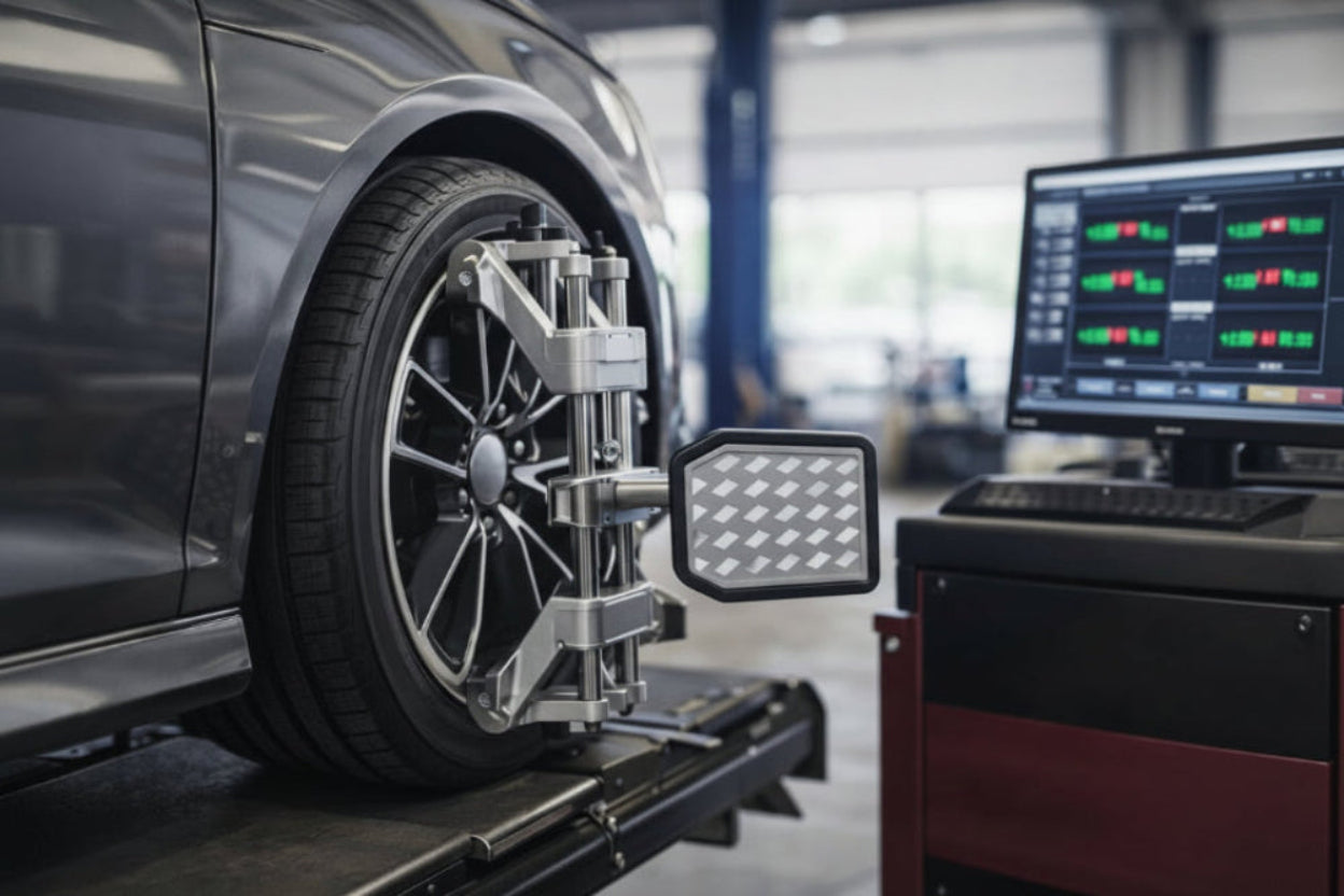 Car wheel being balanced on a machine with a computer screen displaying data in a workshop setting.