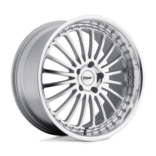 TSW SILVERSTONE SILVER W/ MIRROR CUT FACE & LIP 18X8 5X4.5 ET +40 CB 76.1