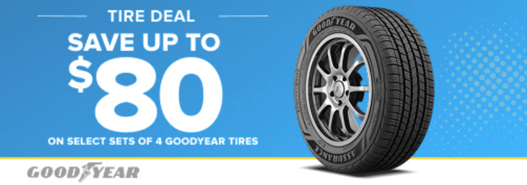 Goodyear tire with promotional text on a blue background